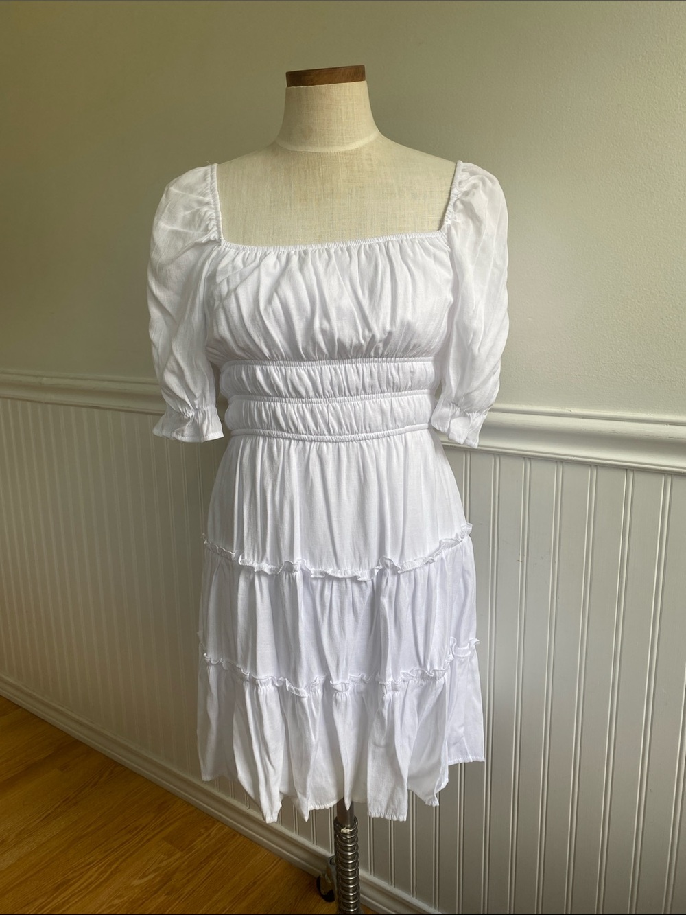 White Puff-Sleeve Peasant Tiered Dress
